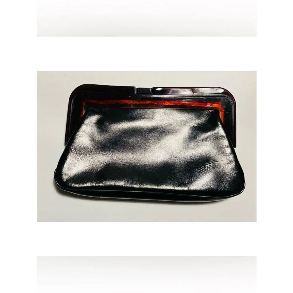 Vintage 70’s Margolm Patent Leather Clutch with Tortoiseshell Frame ~ Black